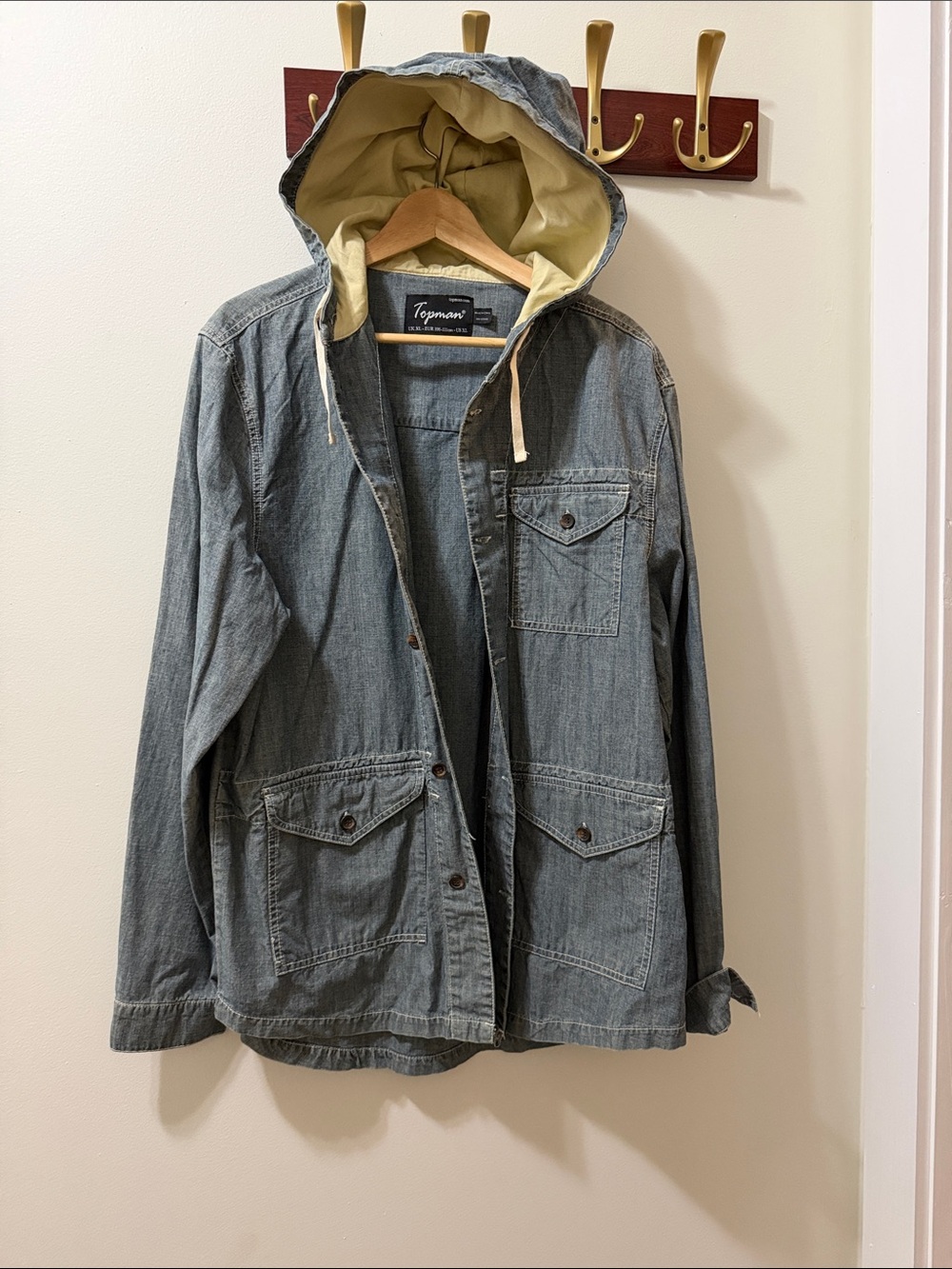Topman Light Blue Denim Hooded Jacket with Cream Hood Size XL